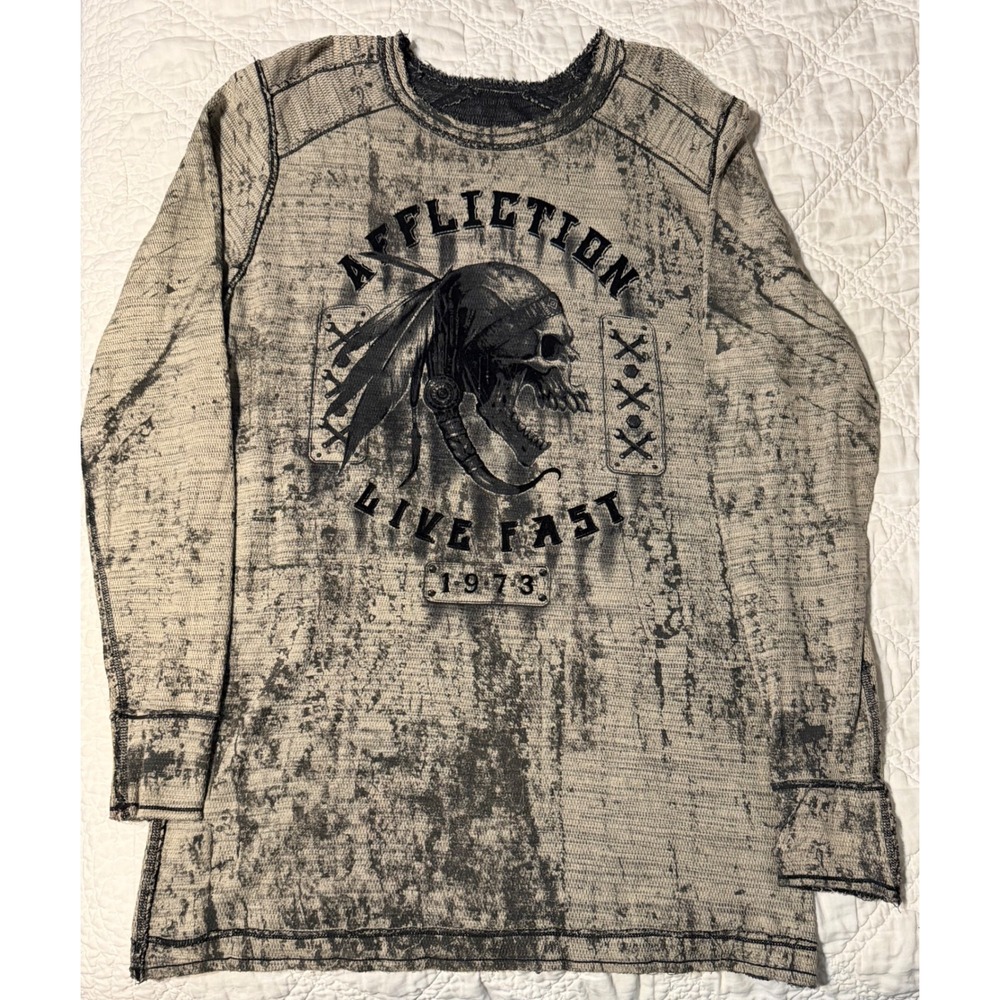 Affliction Thermal sweater Mens XL indian Reversible Skull Graphic Long Sleeve
